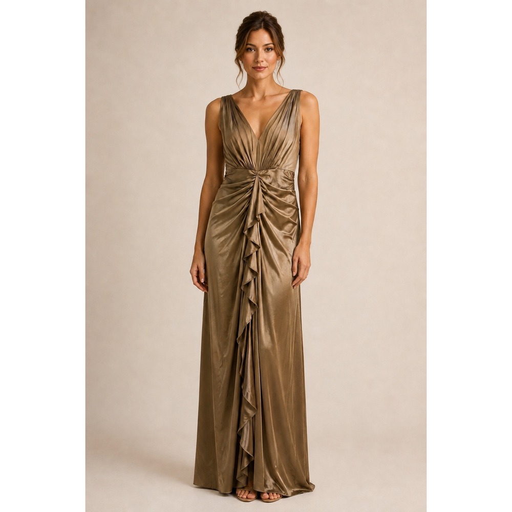 Tadashi Shoji Vintage Bronze Silk Blend Ruched V-Neck Gown Dress  Size 10